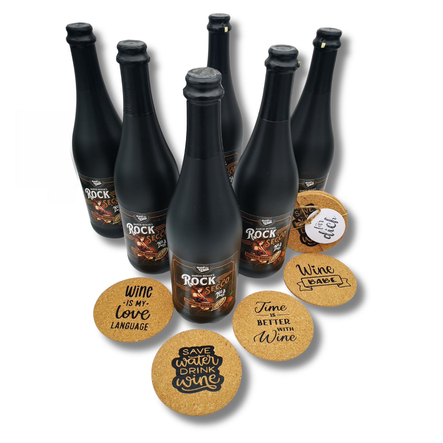 Aktionspaket Secco Schoko-Rosso - 6 Flaschen RockSecco plus 4 coole Kork-Untersetzer