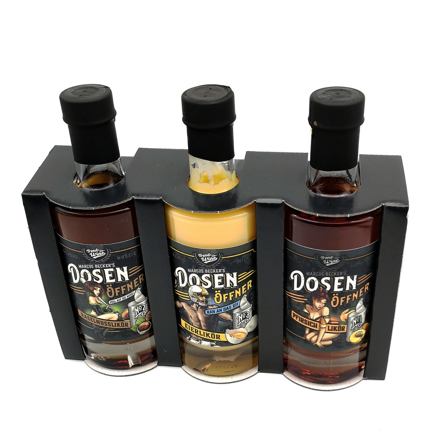 Geschenkbox Likör Trio klein inkl. 2 Shotgläsern: Dosenöffner Haselnuss, Pfirsich und Eierlikör (je 0,35l Flasche)