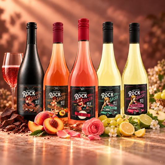 Secco Mixpaket No. 1-5 RockSecco - je 1 Flasche Weiß, Schoko, Weinbergpfirsich, Rosé und alkoholfrei (5 x 0,75l)