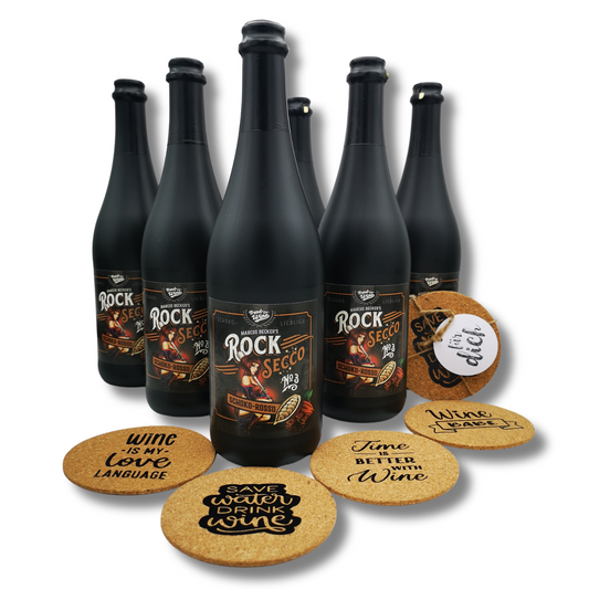 Aktionspaket Secco Schoko-Rosso - 6 Flaschen RockSecco plus 4 coole Kork-Untersetzer