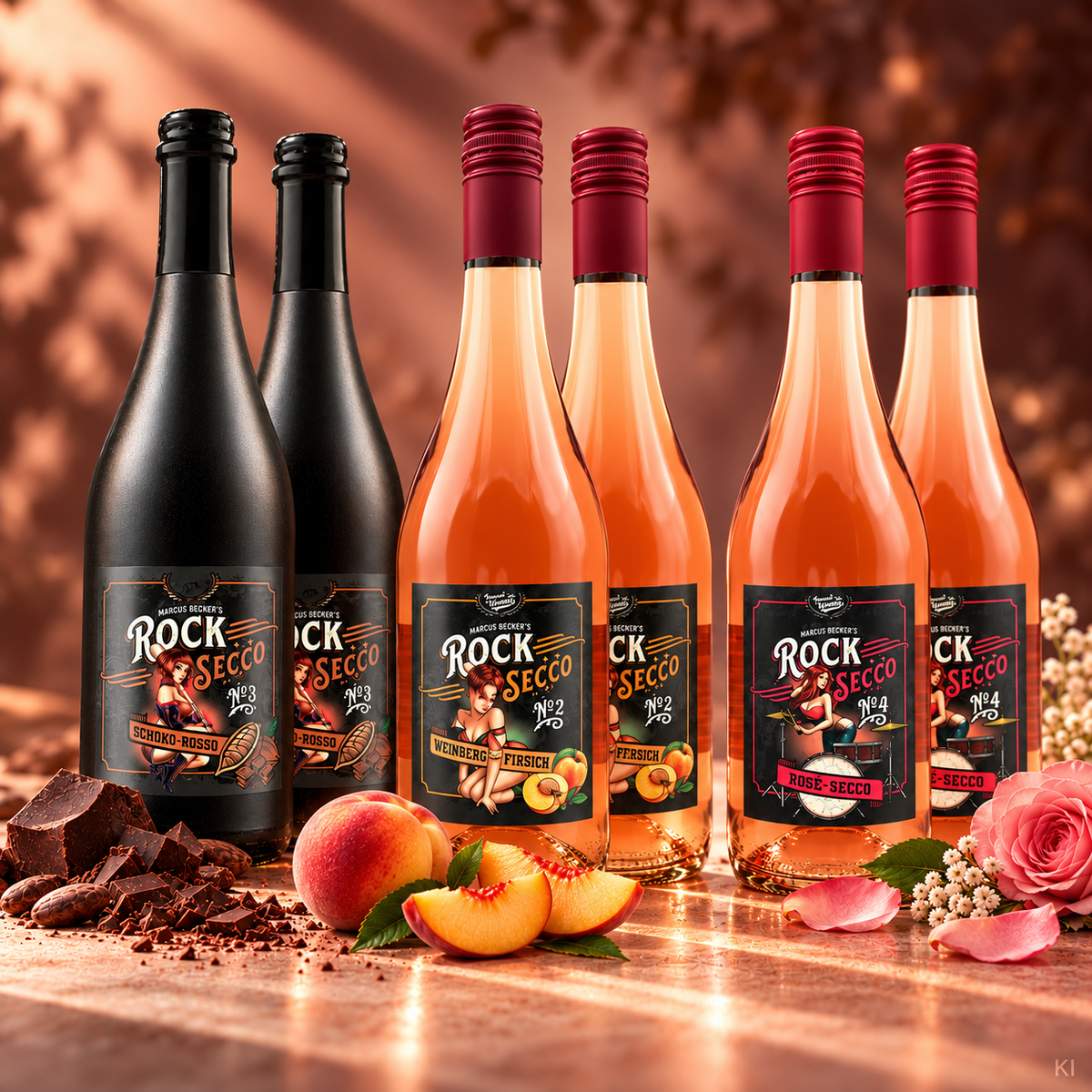 Secco Mixpaket Dreierlei RockSecco - je 2 Flaschen Schoko, Weinbergpfirsich und Rosé (6 x 0,75l)