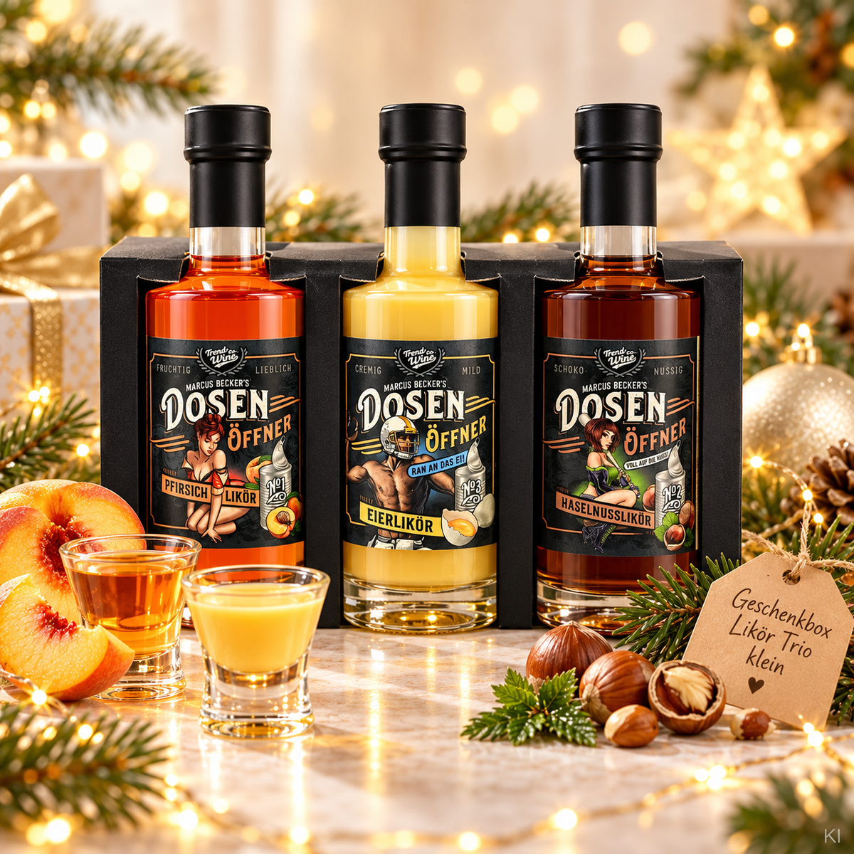 Geschenkbox Likör Trio klein inkl. 2 Shotgläsern: Dosenöffner Haselnuss, Pfirsich und Eierlikör (je 0,35l Flasche)