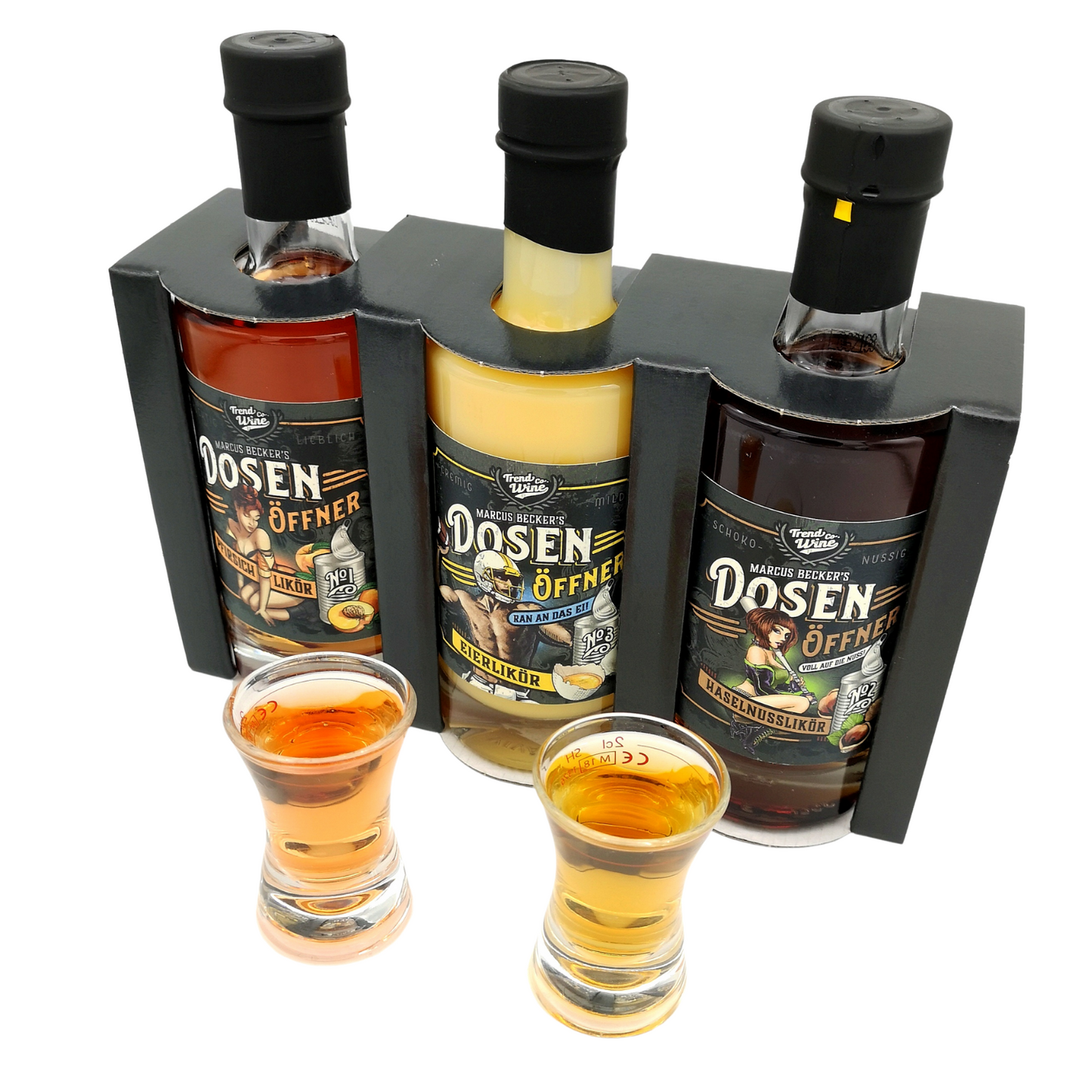 Geschenkbox Likör Trio klein inkl. 2 Shotgläsern: Dosenöffner Haselnuss, Pfirsich und Eierlikör (je 0,35l Flasche)