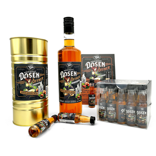 Haselnuss Profi Paket: Dosenöffner Haselnuss-Likör (0,35l Flasche mit Dose + 0,7l Flasche plus 20x2cl Shots)