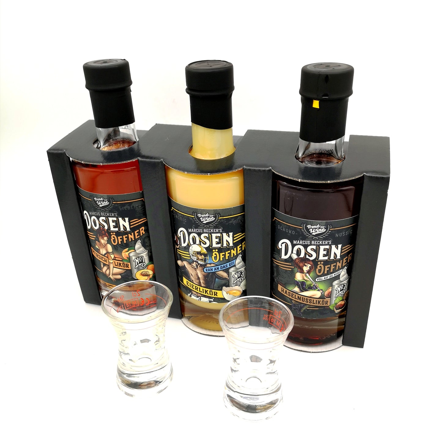 Geschenkbox Likör Trio klein inkl. 2 Shotgläsern: Dosenöffner Haselnuss, Pfirsich und Eierlikör (je 0,35l Flasche)