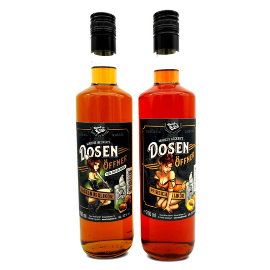 Likör Duo groß: Dosenöffner Haselnuss und Pfirsich-Likör (je 0,7l Flasche)