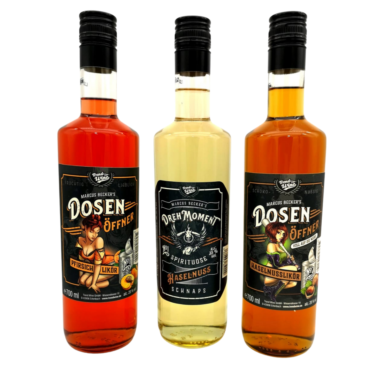 Likör und Schnaps Trio groß: Dosenöffner Haselnuss und Pfirsich sowie Drehmoment Haselnuss (je 0,7l Flasche)