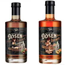 Lade das Bild in den Galerie-Viewer, Geschenkbox Likör Trio klein inkl. 2 Shotgläsern: Dosenöffner Haselnuss, Pfirsich und Eierlikör (je 0,35l Flasche)
