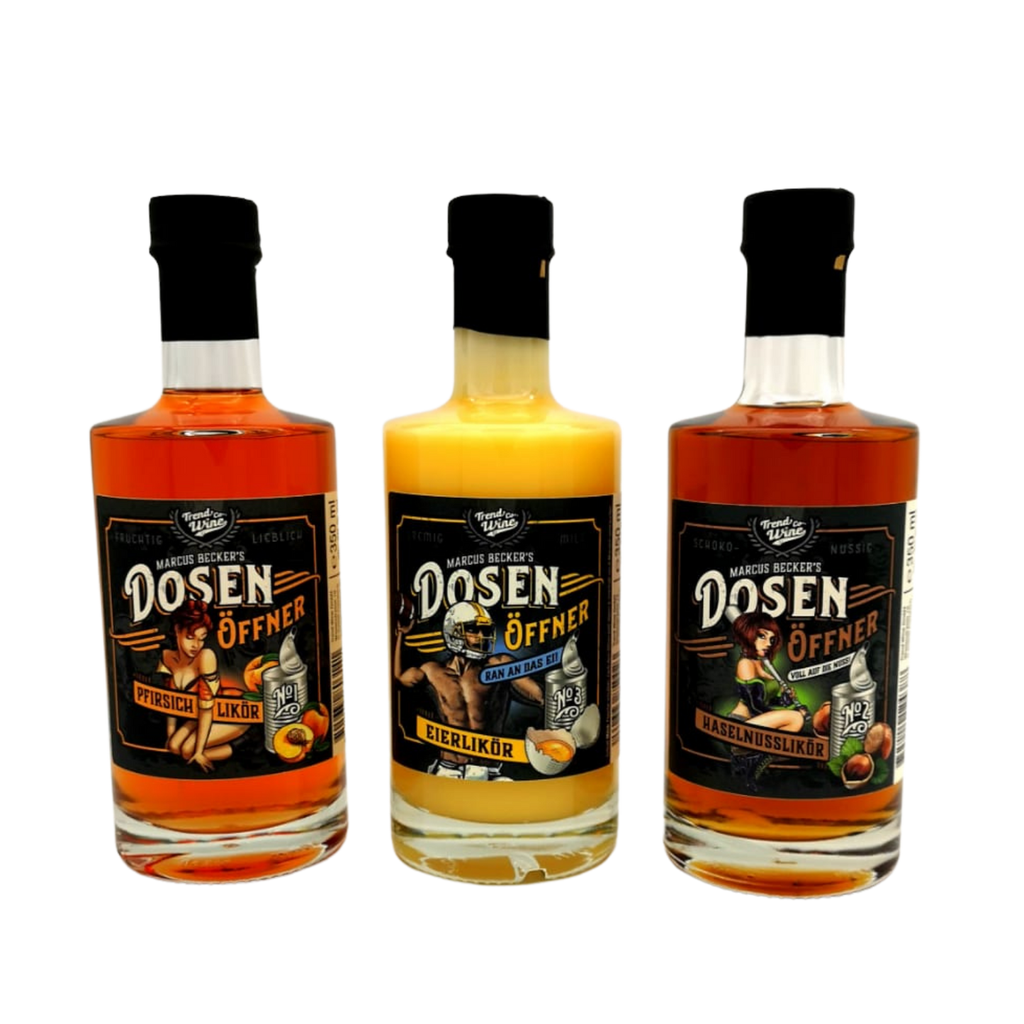 Geschenkbox Likör Trio klein inkl. 2 Shotgläsern: Dosenöffner Haselnuss, Pfirsich und Eierlikör (je 0,35l Flasche)
