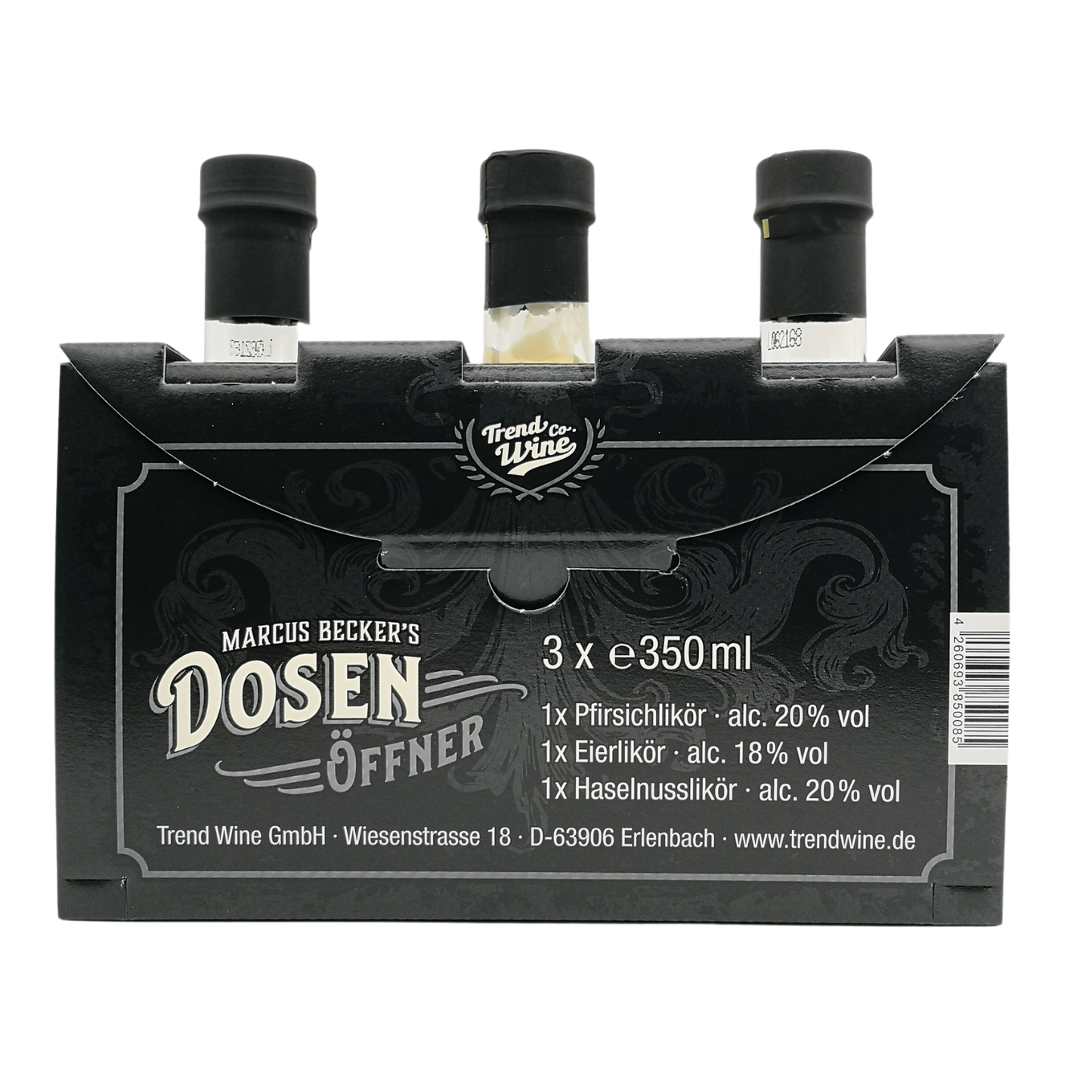 Geschenkbox Likör Trio klein inkl. 2 Shotgläsern: Dosenöffner Haselnuss, Pfirsich und Eierlikör (je 0,35l Flasche)