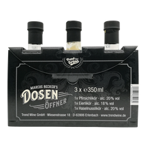 Lade das Bild in den Galerie-Viewer, Geschenkbox Likör Trio klein inkl. 2 Shotgläsern: Dosenöffner Haselnuss, Pfirsich und Eierlikör (je 0,35l Flasche)

