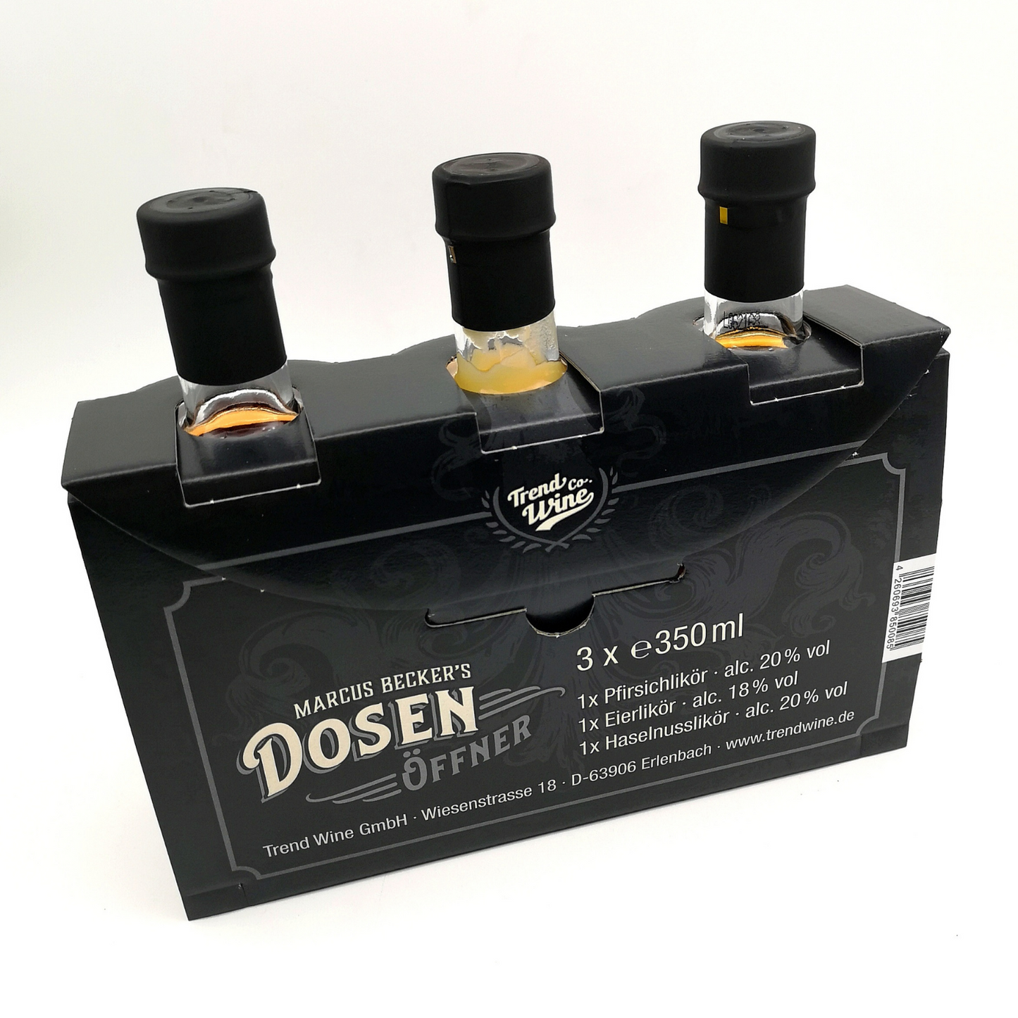 Geschenkbox Likör Trio klein inkl. 2 Shotgläsern: Dosenöffner Haselnuss, Pfirsich und Eierlikör (je 0,35l Flasche)
