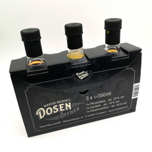 Lade das Bild in den Galerie-Viewer, Geschenkbox Likör Trio klein inkl. 2 Shotgläsern: Dosenöffner Haselnuss, Pfirsich und Eierlikör (je 0,35l Flasche)
