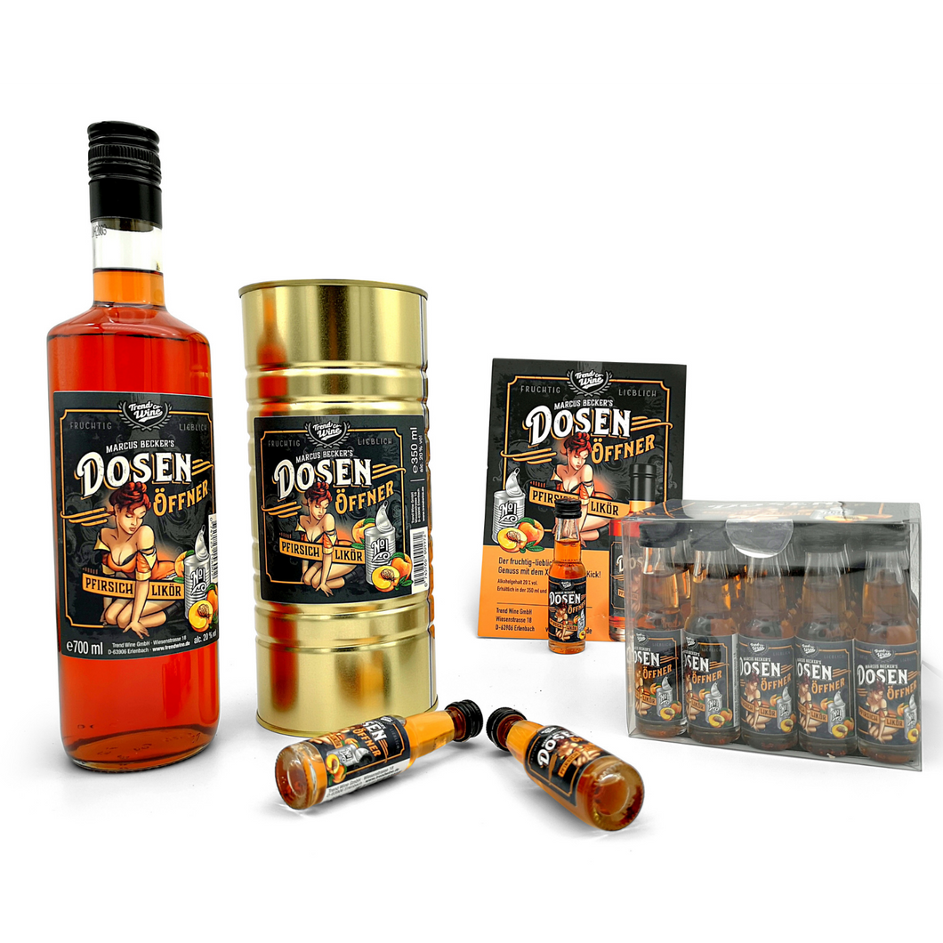 Pfirsich Profi Paket: Dosenöffner Pfirsich-Likör (0,35l Flasche mit Dose + 0,7l Flasche plus 20x2cl Shots)