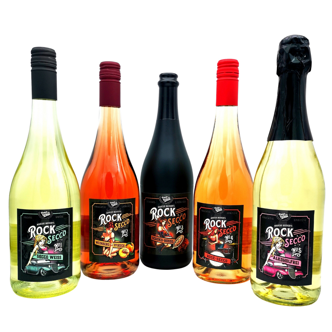 Secco Mixpaket No. 1-5 RockSecco - je 1 Flasche Weiß, Schoko, Weinbergpfirsich, Rosé und alkoholfrei (5 x 0,75l)